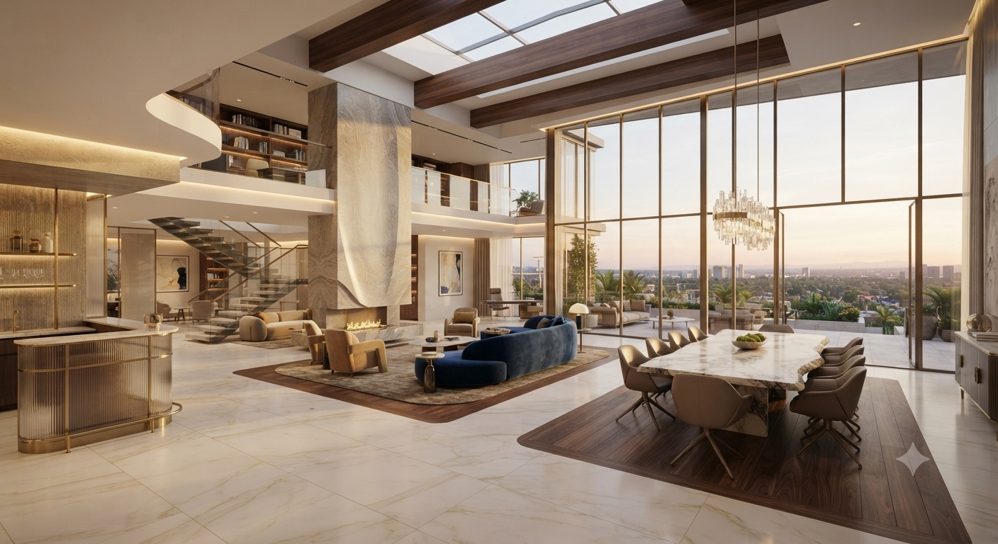 Open-plan interior at sunset